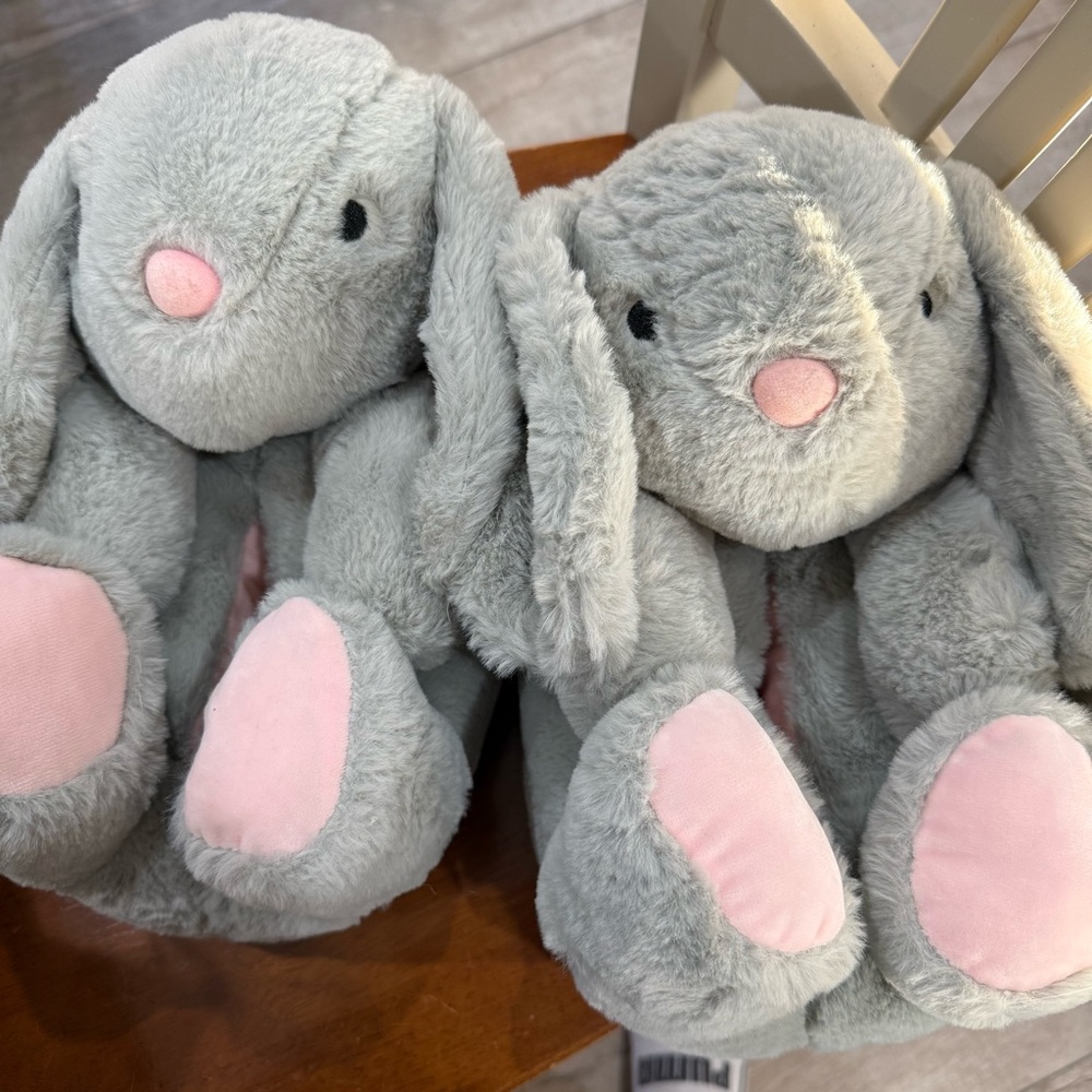 Adorable Gray and Pink Plush Bunny Slippers
